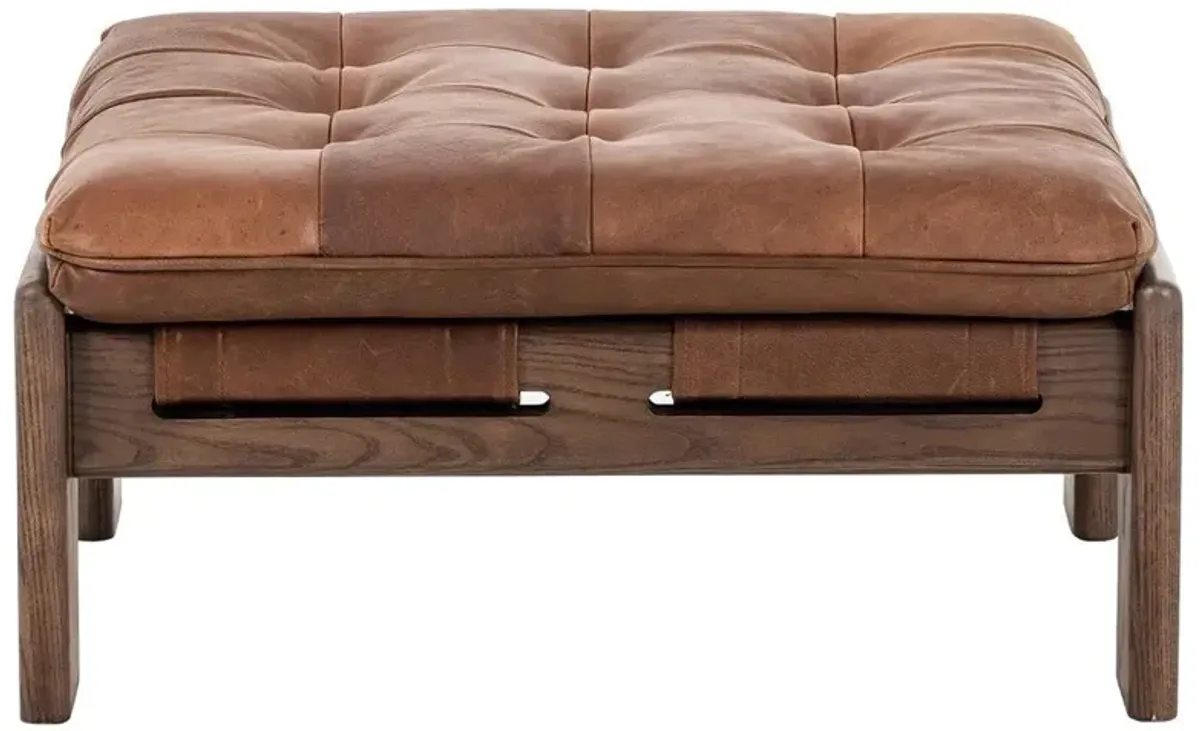 Open Box Hadley Rustic Lodge Brown Leather Wood Frame Tufted Ottoman