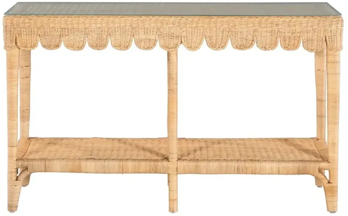 Anissa Coastal Beach Natural Woven Rattan Rectangular Scalloped Console Table