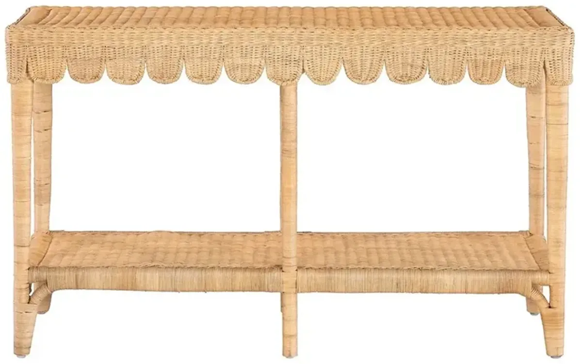 Anissa Coastal Beach Natural Woven Rattan Rectangular Scalloped Console Table
