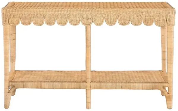 Anissa Coastal Beach Natural Woven Rattan Rectangular Scalloped Console Table