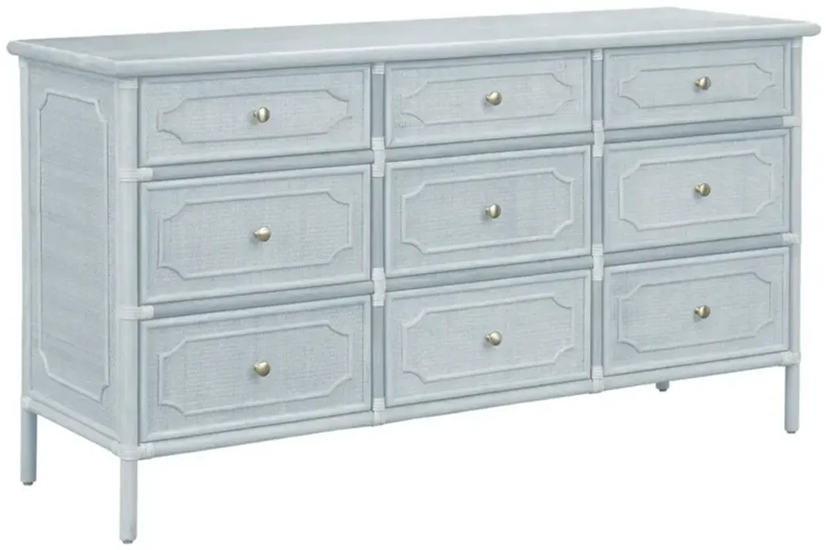 Ava Coastal Beach Light Blue Woven Rattan Long Dresser