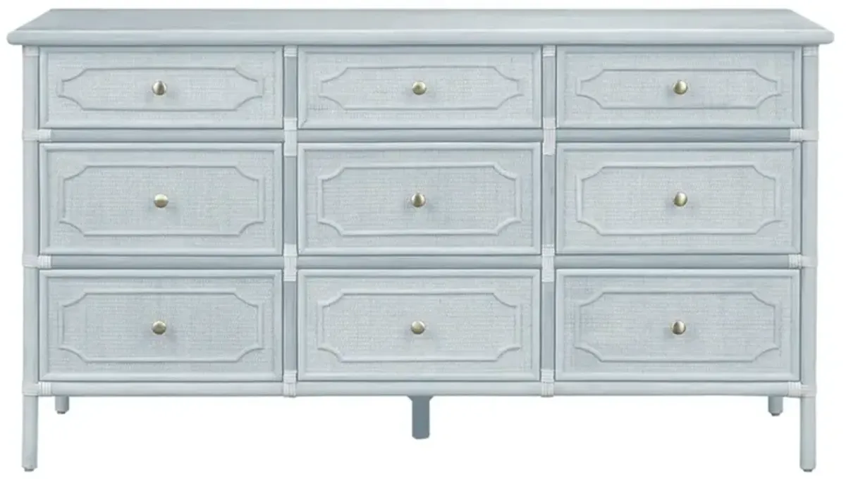 Ava Coastal Beach Light Blue Woven Rattan Long Dresser
