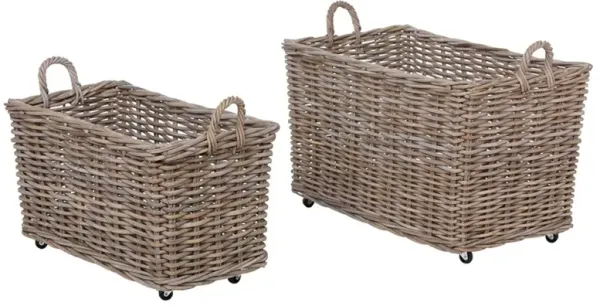 Belle Coastal Brown Woven Rattan Caster Floor Basket - Set of 2