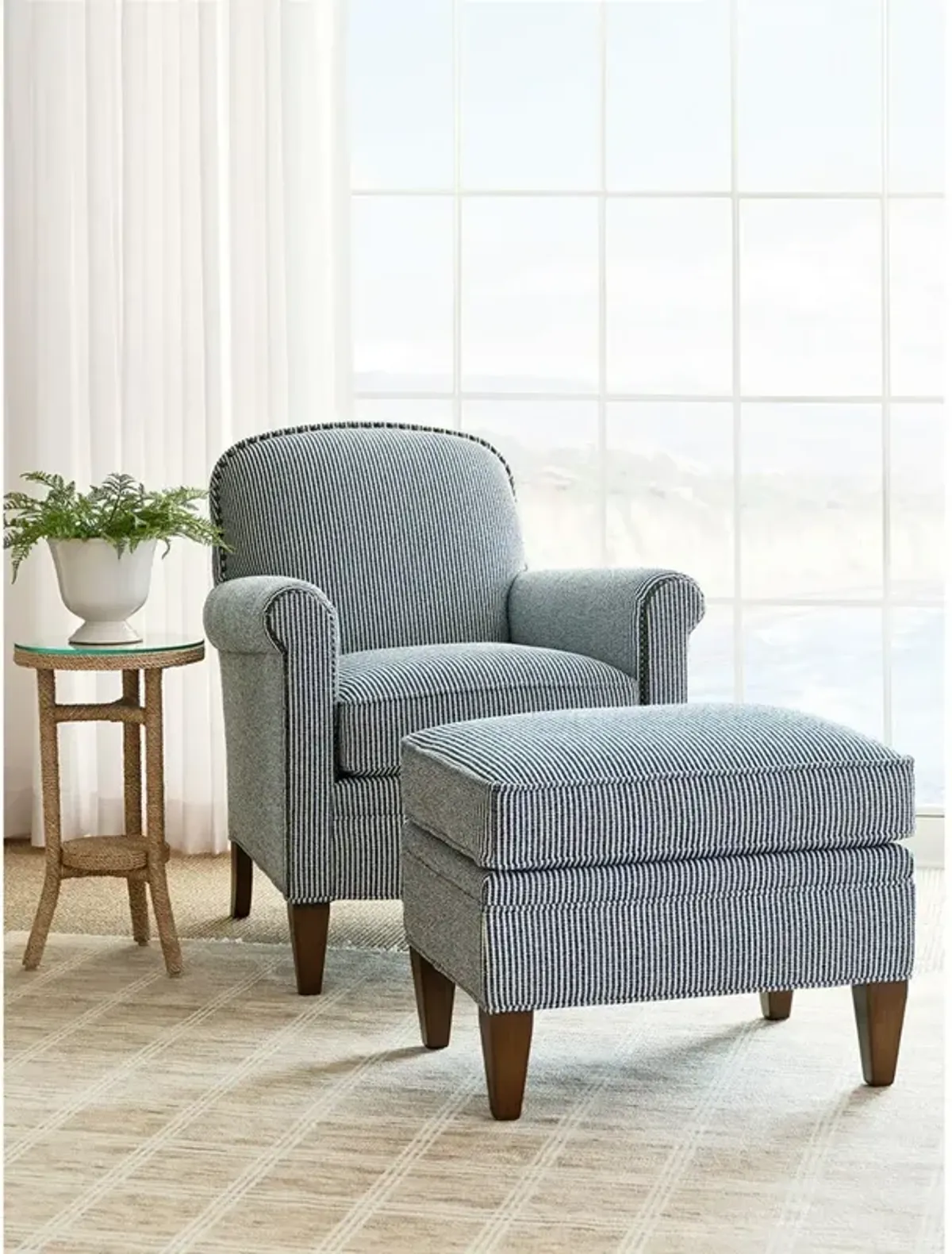 Vaughn Updated Traditional Blue Striped Rectangular Ottoman