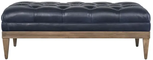 Meredith Updated Traditional Navy Blue Leather Brown Wood Tufted Rectangular Ottoman
