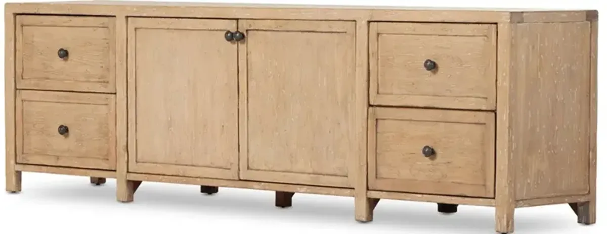 Greta Rustic Lodge Light Brown Distressed Pine Wood Media Cabinet - 92"