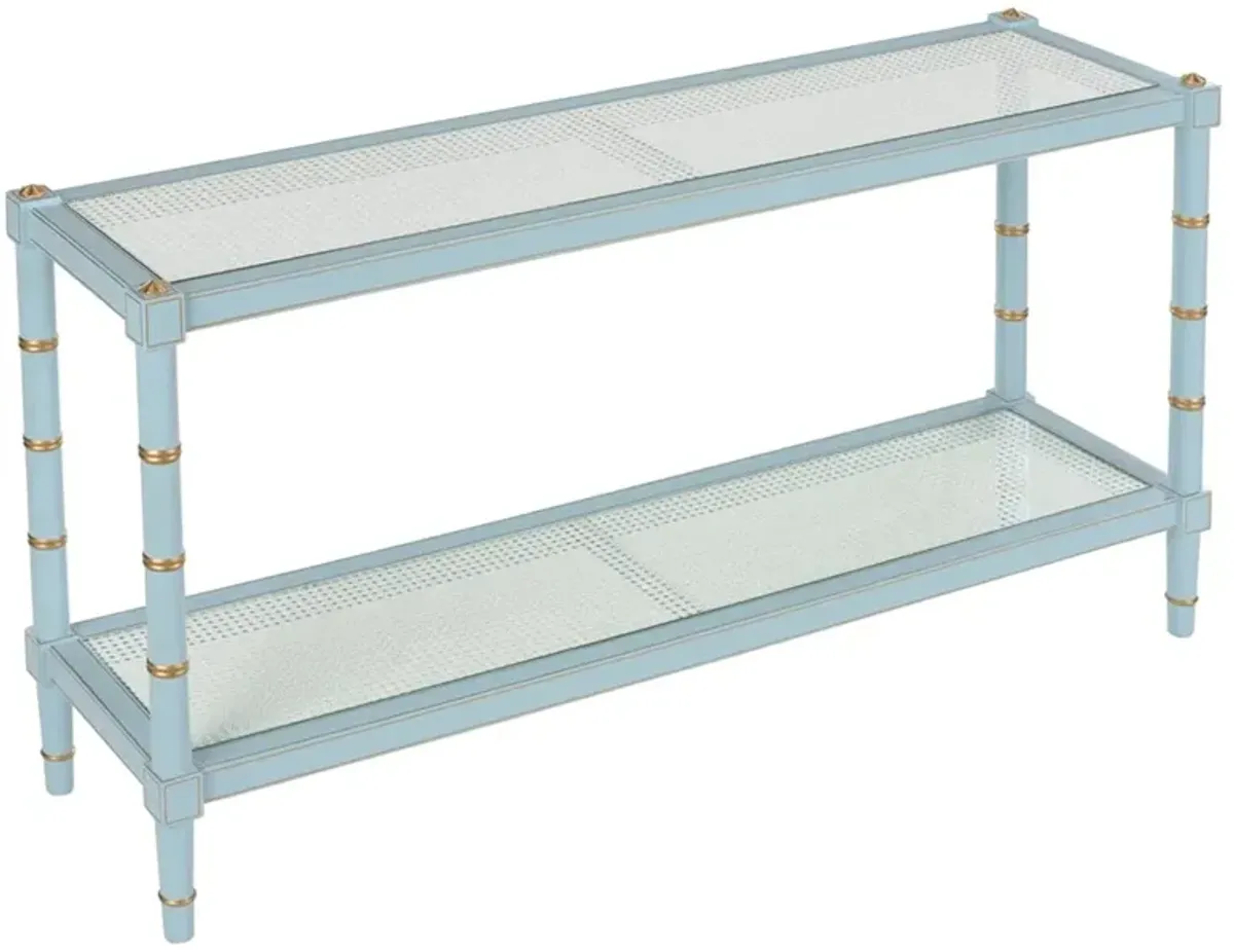 Keshia Coastal Beach Blue Wood Natural Woven Cane Rectangular Console Table