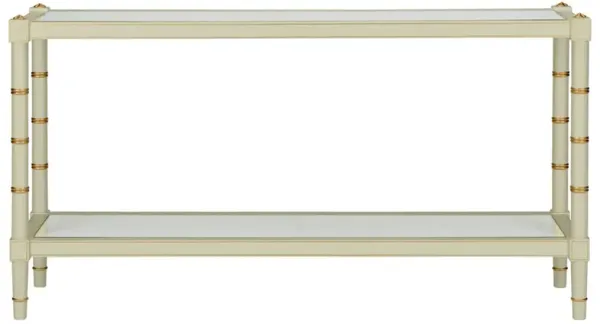 Keshia Coastal Beach Green Wood Natural Woven Cane Rectangular Console Table