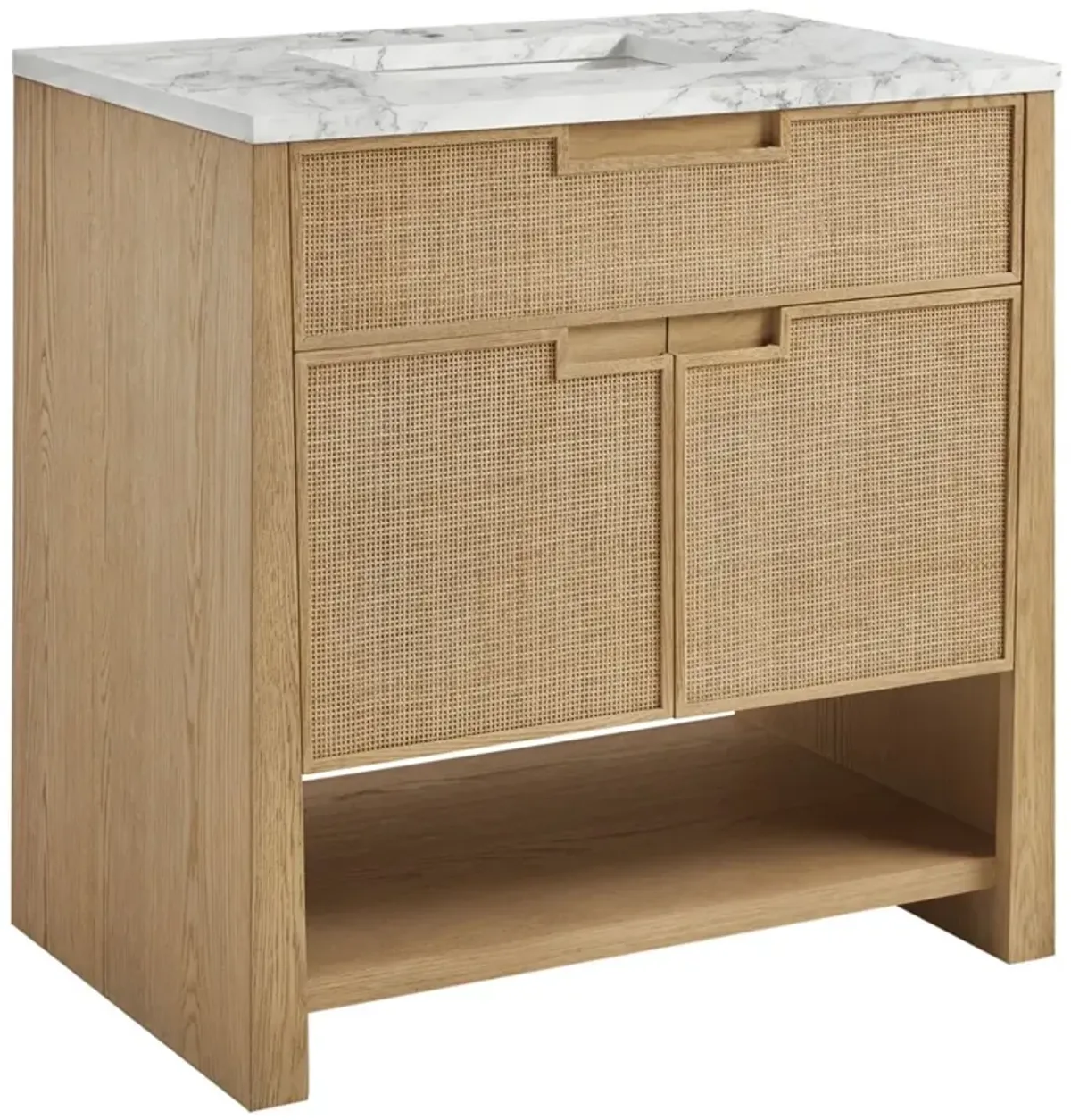 Corine Coastal Beach White Carrara Marble Oak Woven Cane Vanity Sink - 36"