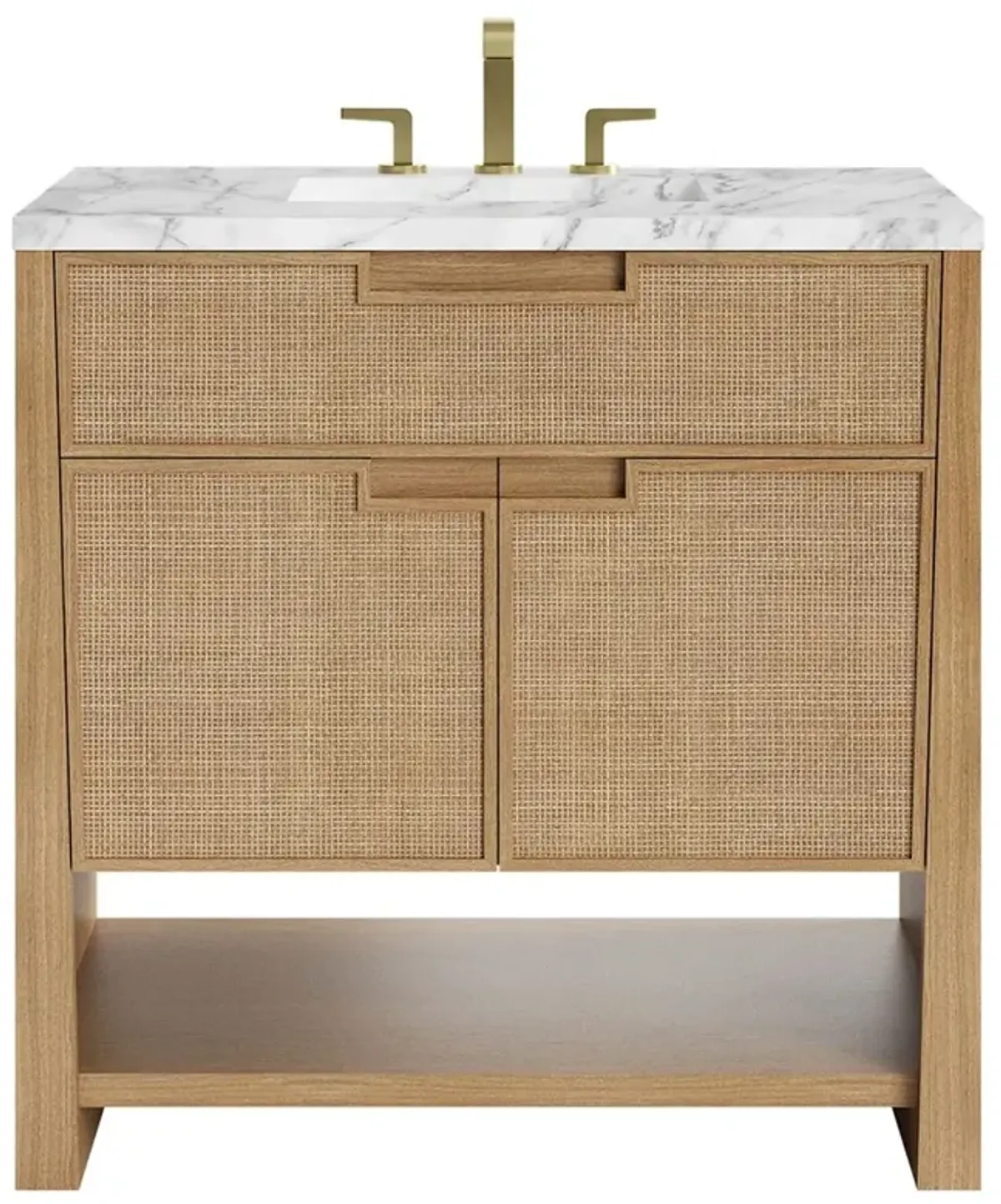 Corine Coastal Beach White Carrara Marble Oak Woven Cane Vanity Sink - 36"