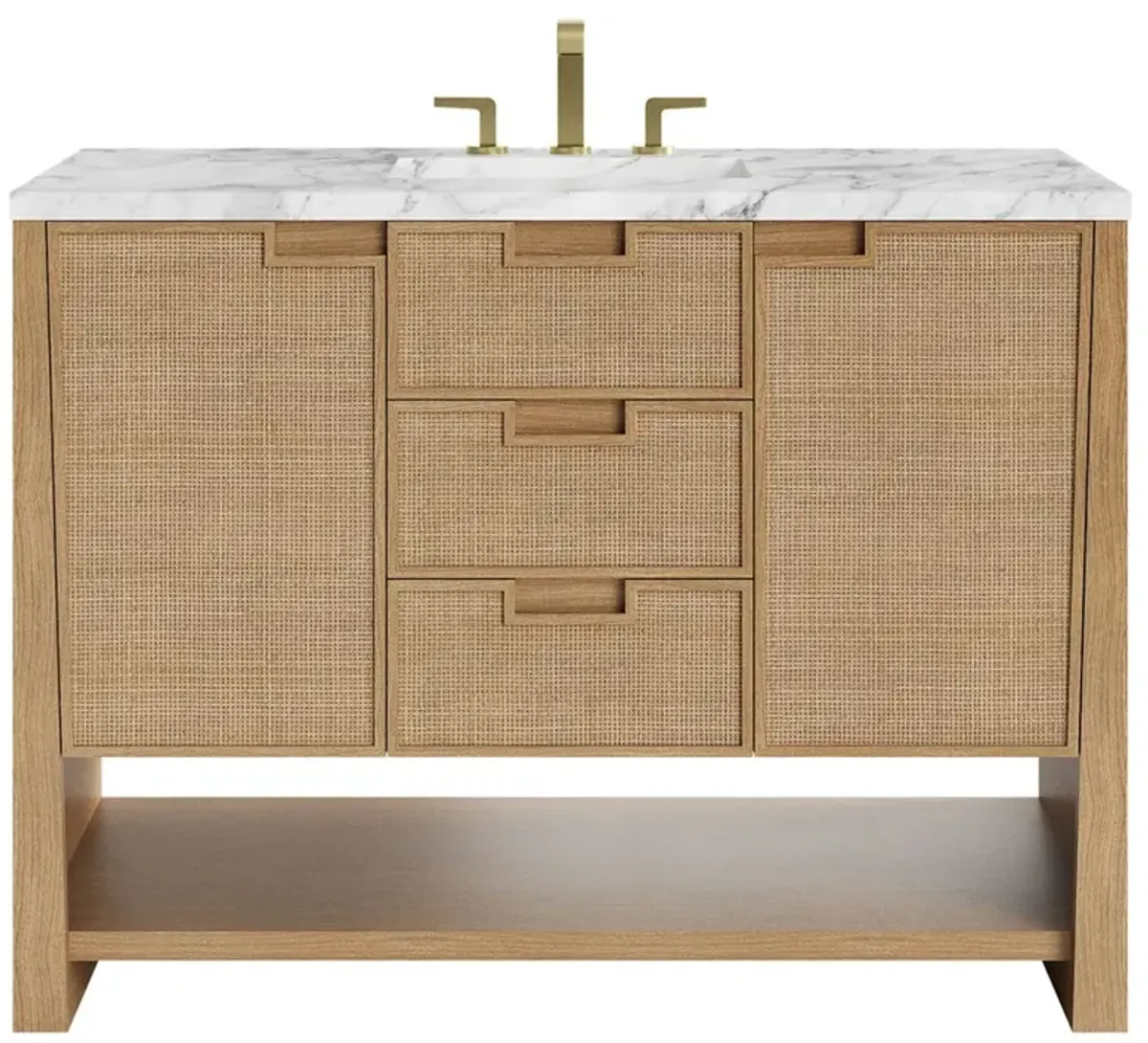 Corine Coastal Beach White Carrara Marble Oak Woven Cane Vanity Sink - 48"