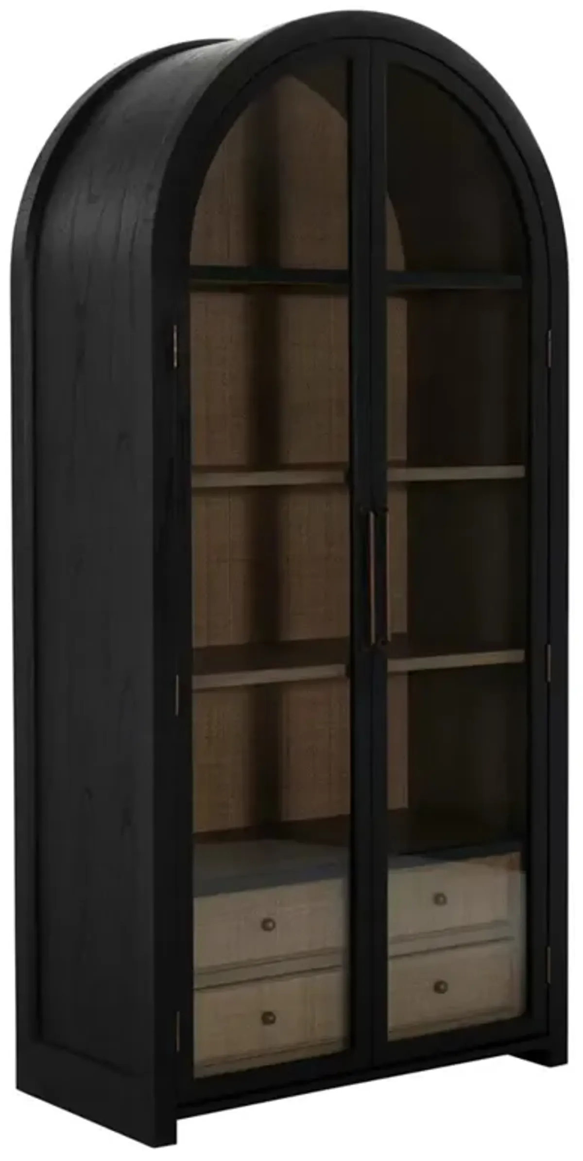 Elsa Modern Classic Black Rattan Wood Glass Arched Cabinet