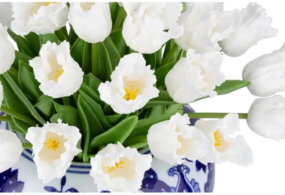 Claudette Traditional White Parrot Tulip Toile Vase Faux Floral Arrangement