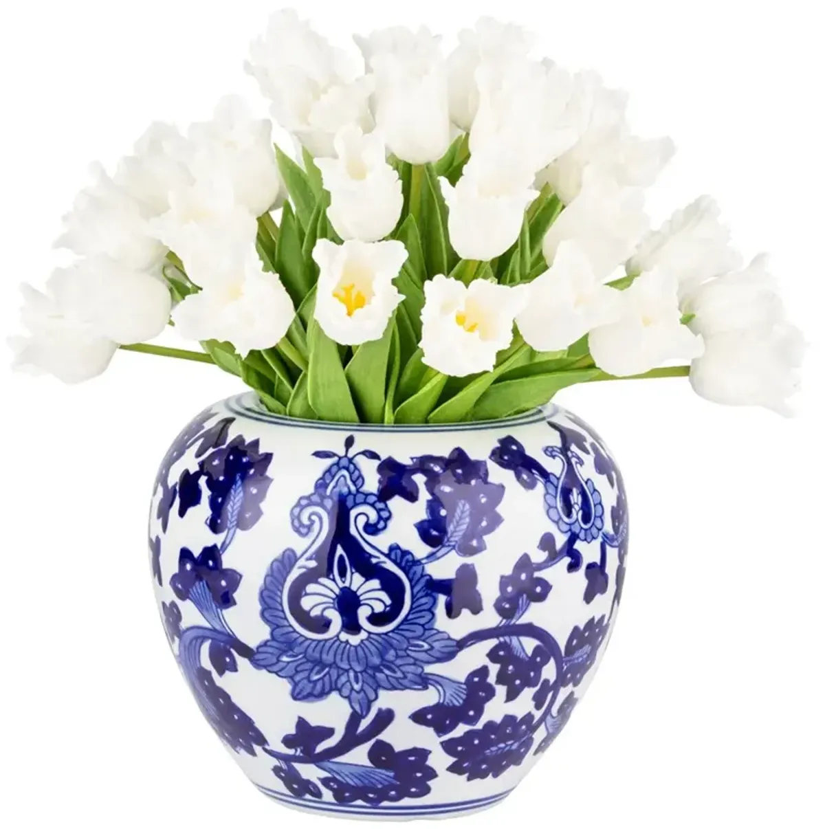 Claudette Traditional White Parrot Tulip Toile Vase Faux Floral Arrangement