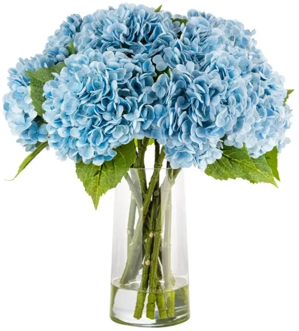 Maybelle Traditional Blue Hydrangea Glass Vase Faux Floral Arrangement