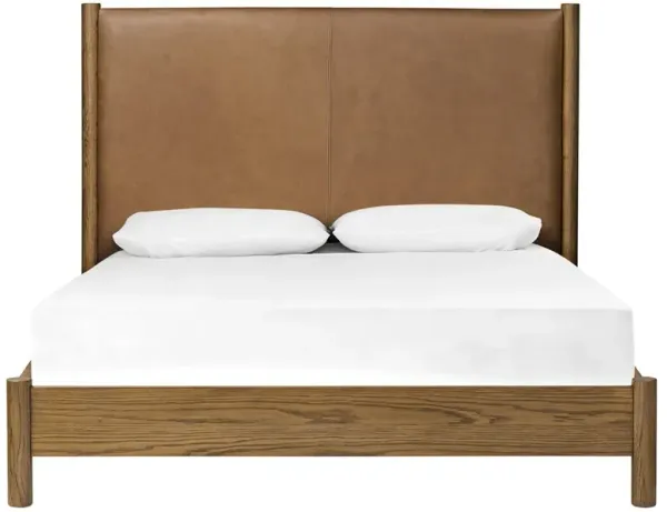 Chris Rustic Lodge Brown Leather Oak Wood Bed - Queen