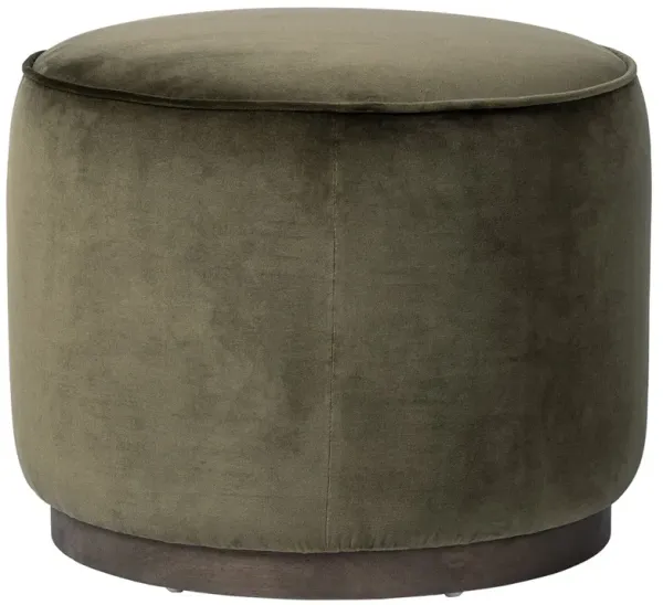 Leah Modern Classic Olive Green Velvet Brown Wood Round Ottoman - Small