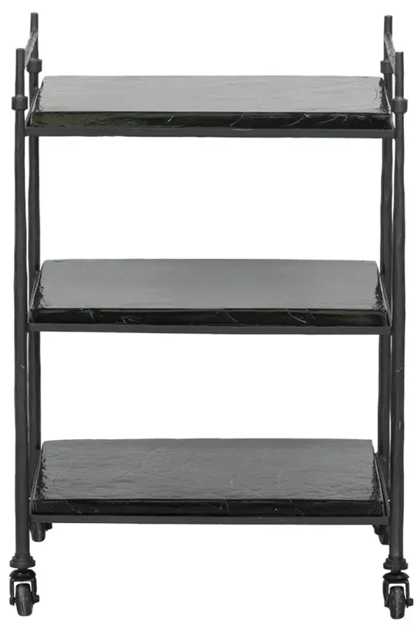 Pierce Modern Classic Smoked Cast Glass Black Iron Bar Cart