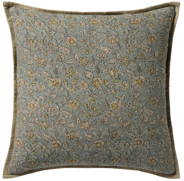 Isari Updated Traditional Light Blue Linen Floral Throw Pillow - 22x22