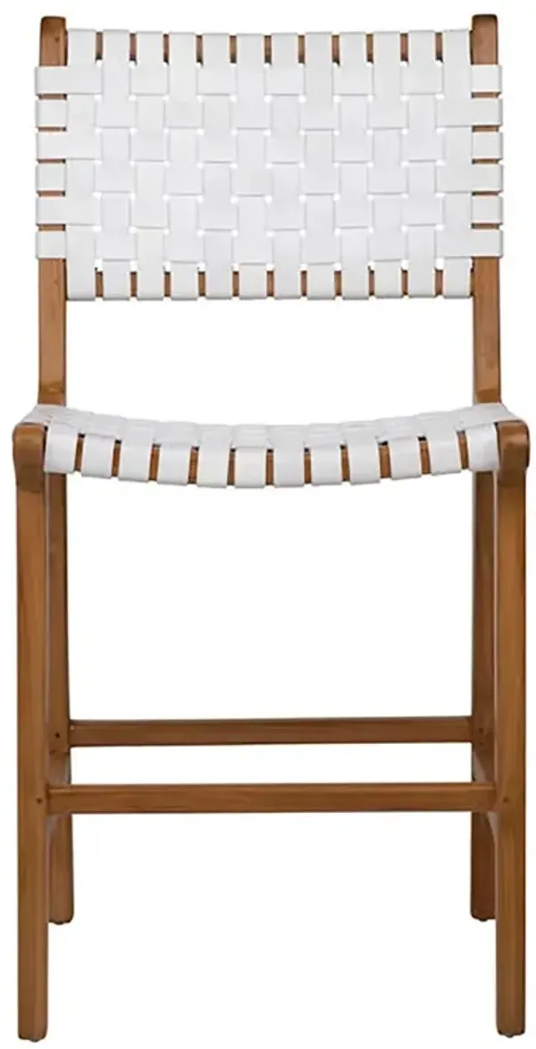 Deloris Coastal Beach White Woven Leather Teak Counter Stool