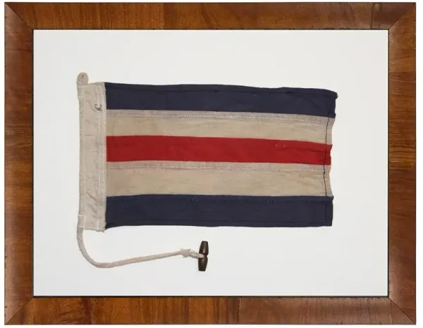 Clyde Coastal Blue Striped Nautical Flag Brown Burl Frame Mixed Media - 16x20