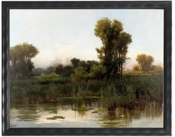 Hollis Traditional Green Lake Landscape Black Frame Painting - 12x16