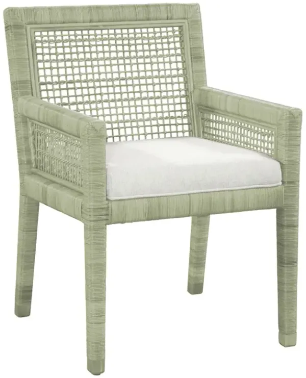 Mako Coastal Beach Green Rattan White Performance Dining Arm Chair