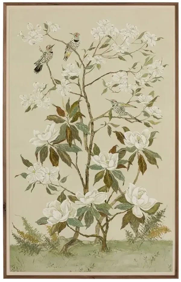 Vionna French Country Cream Floral Chinoiserie Walnut Frame Painting - 40x26