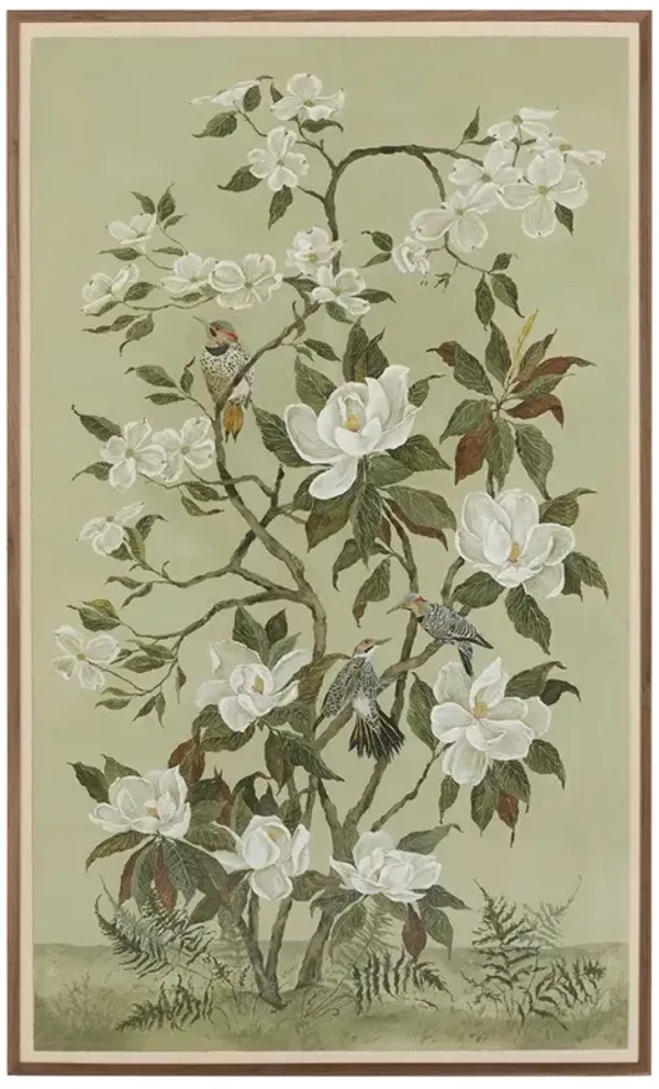 Lumi French Country Green Floral Chinoiserie Walnut Frame Painting - 48x30