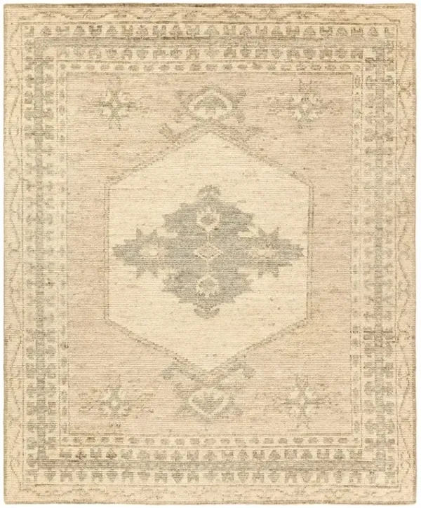 Aurik Updated Traditional Beige Wool Ushak Patterned Hand Knotted Rug - 9'x12'
