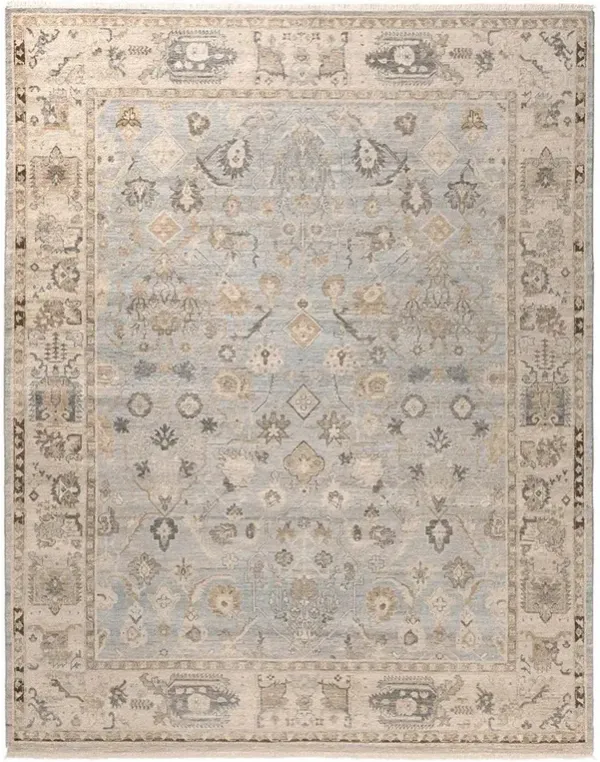 Liorae Updated Traditional Light Blue Wool Ushak Patterned Hand Knotted Rug - 3'x10'