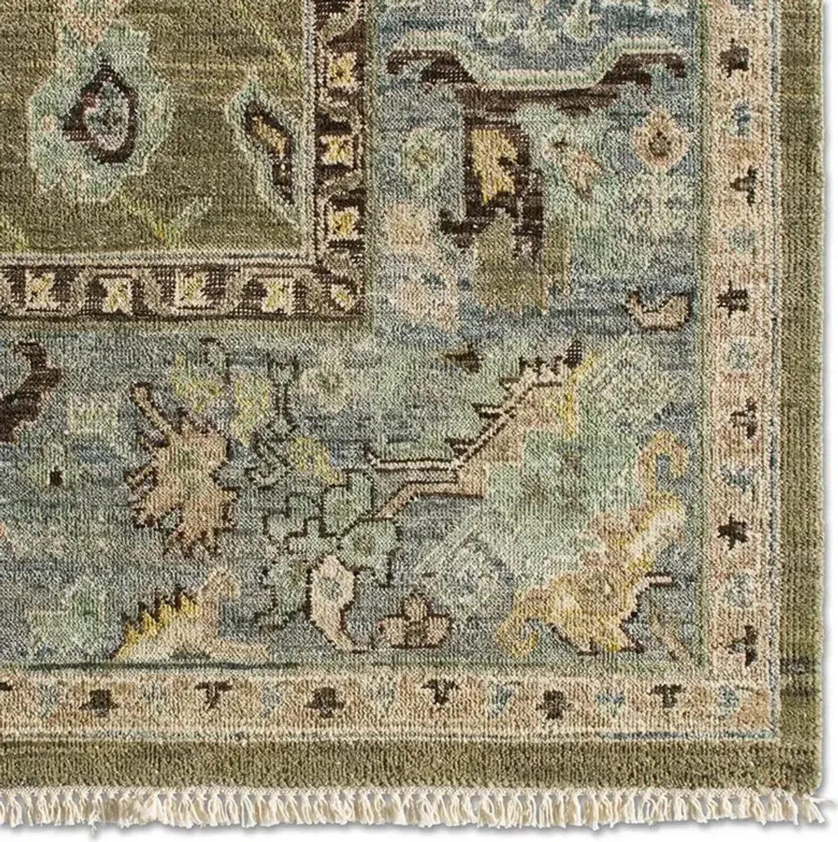 Liorae Updated Traditional Green Wool Ushak Patterned Hand Knotted Rug - 10'x14'