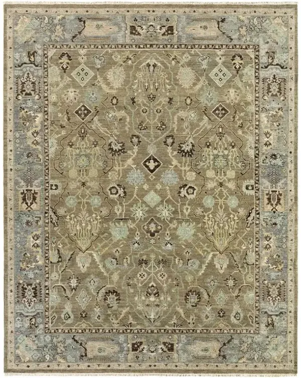 Liorae Updated Traditional Green Wool Ushak Patterned Hand Knotted Rug - 10'x14'