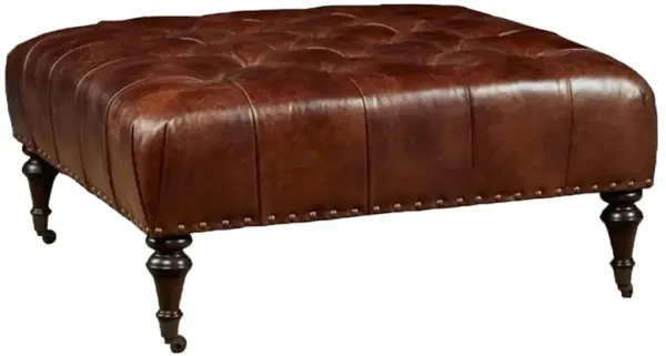 Riona Updated Traditional Brown Leather Nailhead Trim Tufted Square Cocktail Ottoman