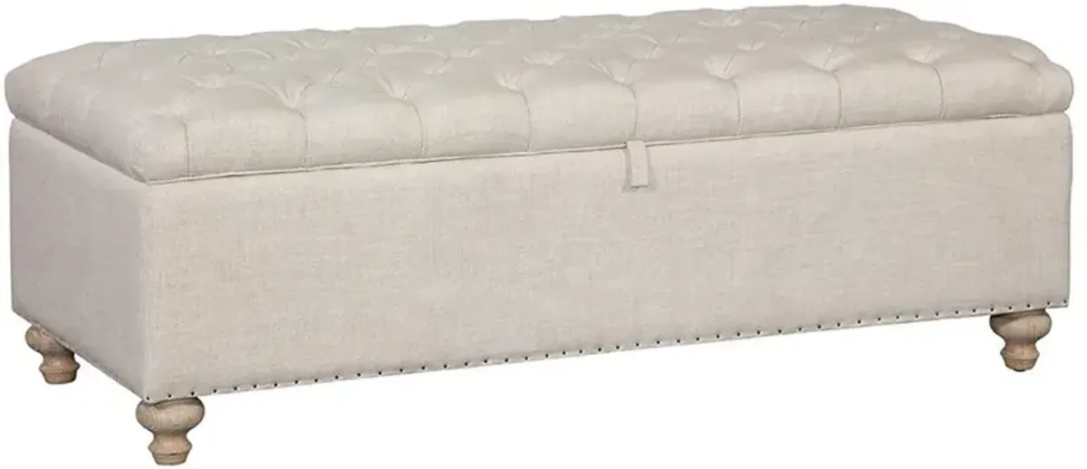 Farrah Updated Traditional Cream Linen Nailhead Trim Tufted Bedroom Storage Bench