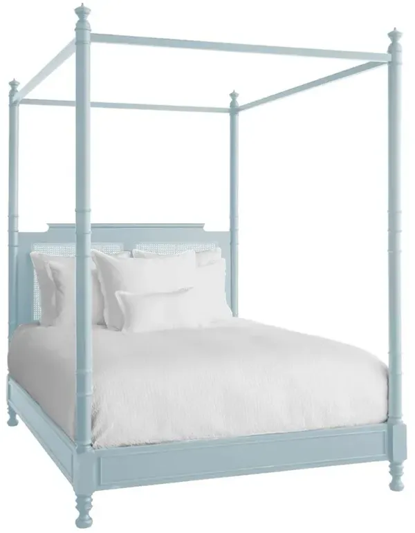 Zoey French Country Light Blue Wood Woven Cane Four Poster Bed - Queen