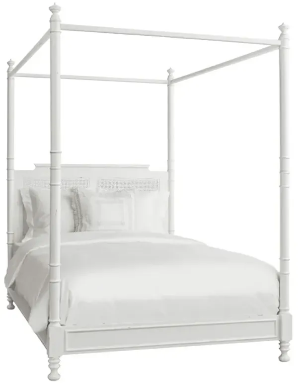 Zoey French Country White Wood Woven Cane Four Poster Bed - Queen