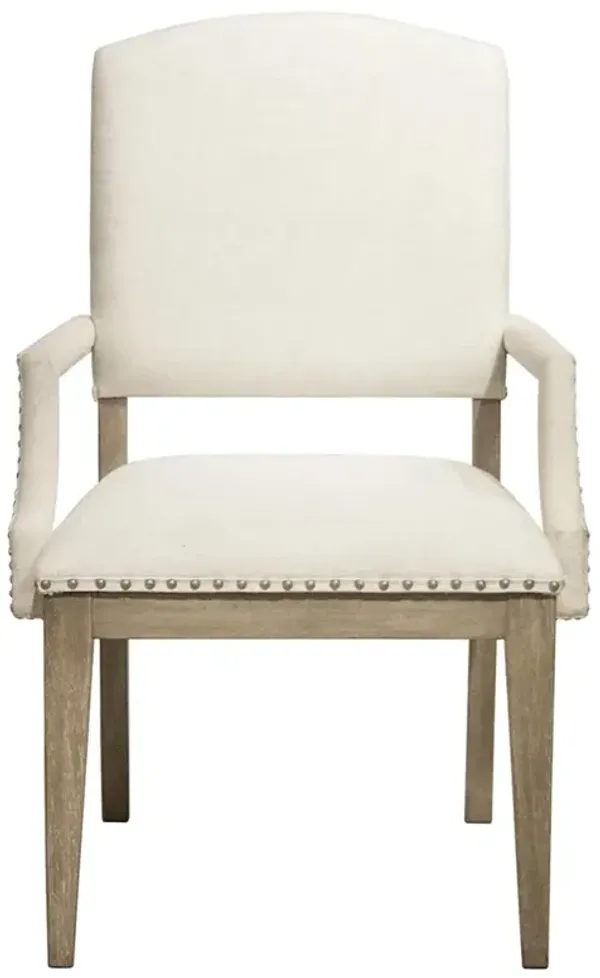 Camilla Updated Traditional Cream Performance Brown Wood Nailhead Trim Dining Arm Chair