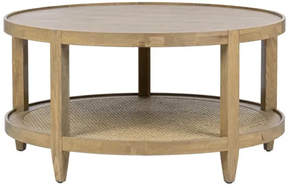 Wallner Coastal Beach Brown Oak Woven Cane Round Coffee Table