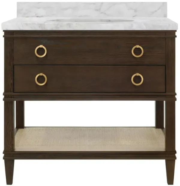 Worlds Away Cutler French Country White Marble Cane Dark Brown Oak Vanity Sink - 37"