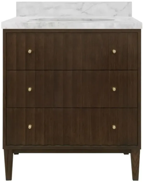 Worlds Away Odin Modern Classic White Marble Fluted Dark Brown Oak Bath Vanity Sink - 31"