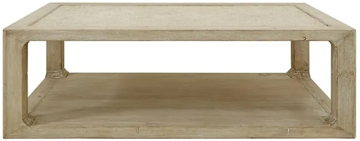 Minnie Coastal Weathered Whitewash Wood Woven Rattan Rectangular Coffee Table