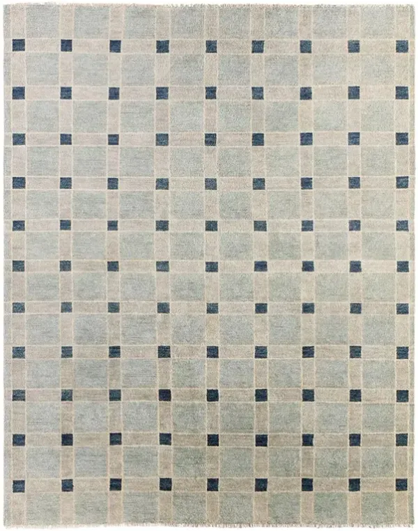 Malien Updated Traditional Blue Wool Grid Patterned Hand Knotted Rug - 3'x10'