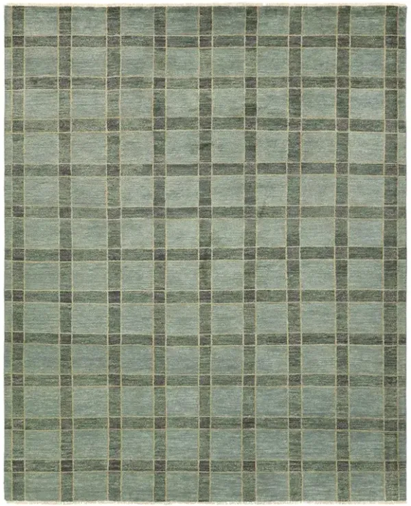 Malien Updated Traditional Green Wool Grid Patterned Hand Knotted Rug - 6'x9'