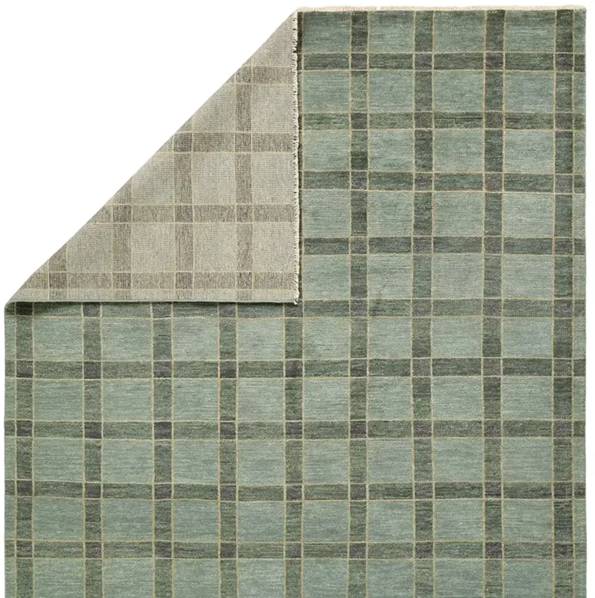 Malien Updated Traditional Green Wool Grid Patterned Hand Knotted Rug - 10'x14'