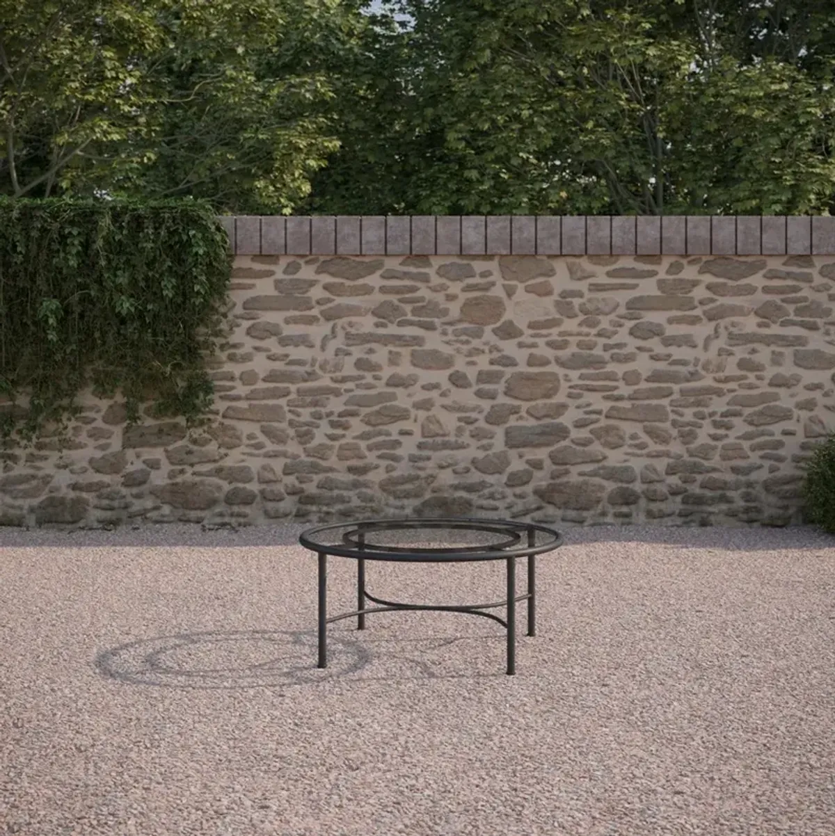 Emeline Glass Black Iron Round Outdoor Coffee Table