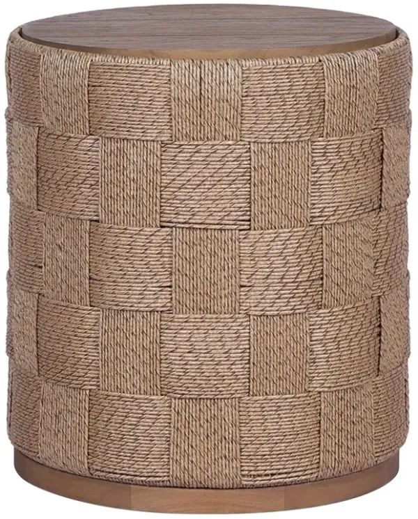 Joel Coastal Beach Stained Brown Teak Woven Round Outdoor End Table
