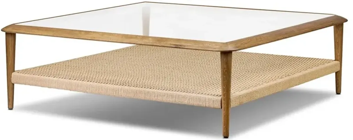 Carmela Coastal Beach Brown Oak Woven Rush Glass Square Coffee Table