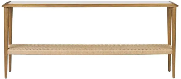 Carmela Coastal Beach Brown Oak Woven Rush Rectangular Console Table