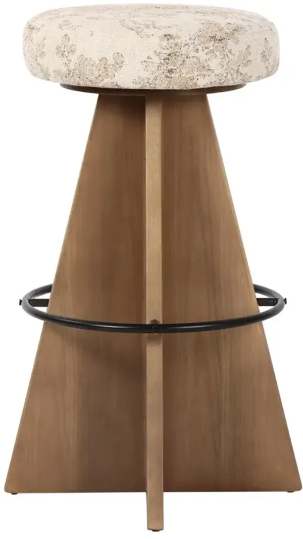 Donovan Mid Century Beige Printed Brown Oak Swivel Bar Stool